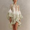 Mini Abito da Donna con Scollo Rotondo, Maniche a Campana Lunghe, Vestibilità Larga, Orlo Asimmetrico, Stampato, Abito Casual Bohemien