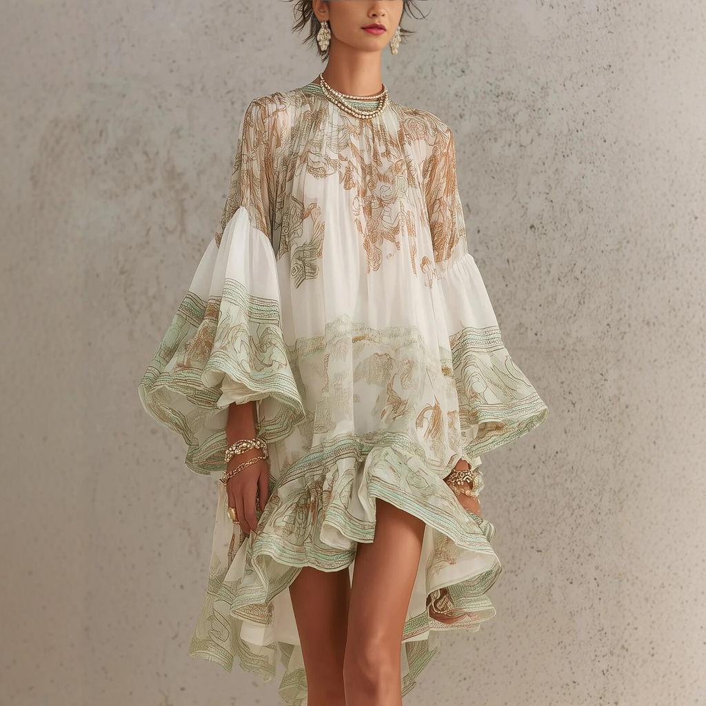 Women's Round Neck Long Bell Sleeve Loose Fit Asymmetrical Hem Printed Mini Dress Bohemian Casual Dress