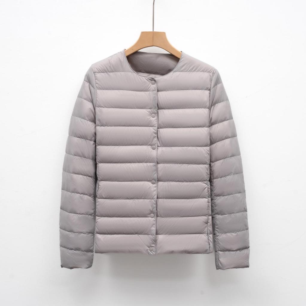 Women's Short Round Neck Warm Jacket - Solid Color Long Sleeve Down Liner for Autumn and Winter.