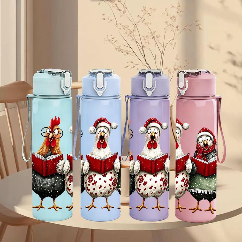 1PC Three Hen With Hat Farm 750ml Color Plastic Sports Water Bottle Leakproof Flip Straw Lid Suitable for Sports Office Home Use