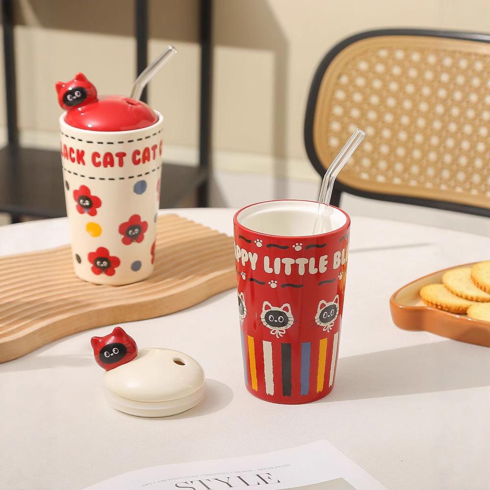 Personalized Large Capacity Cat Cartoon Cute Straw Cup Small Gift Box Set for Household Ceramic Cup High Value Mug