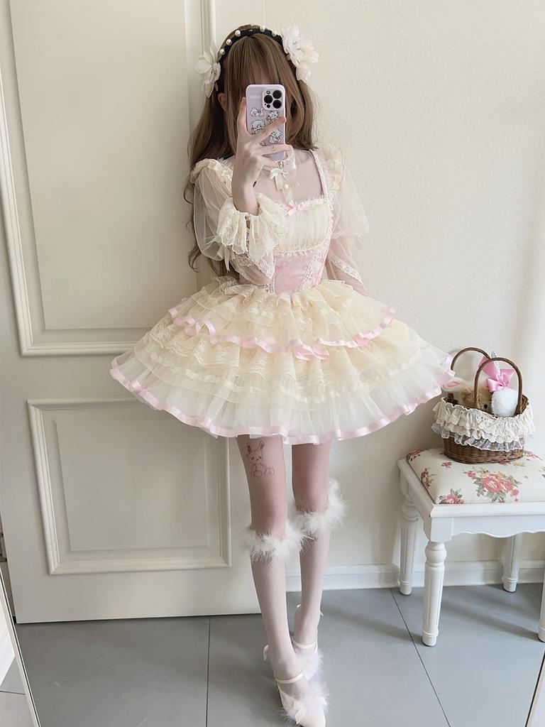 XHSUKADO Lolita JSK Jumper Skirt with Dreamy Cute Gothic Lolita Outfit with Ruffles and Mori Girl Princess Lolita Idol Size M Ribbon, Women's