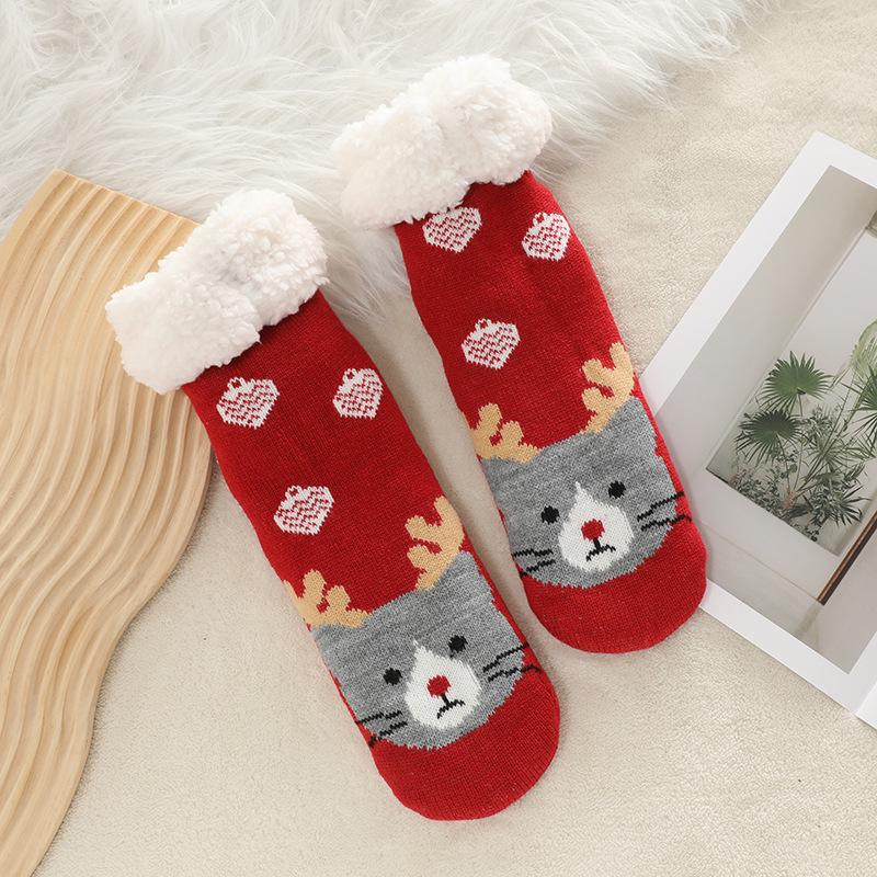 Cross-Border Women's Christmas Fleece Blanket Floor Slipper Socks – Thickened Cotton Sleep Stockings