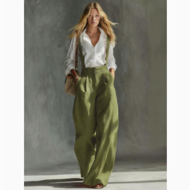 French Lazy Style Cherry  Suspender Trousers for Women, High-Waisted Loose Wide-Leg Casual Pants , Figure-Flattering Straight-Leg Long Pants