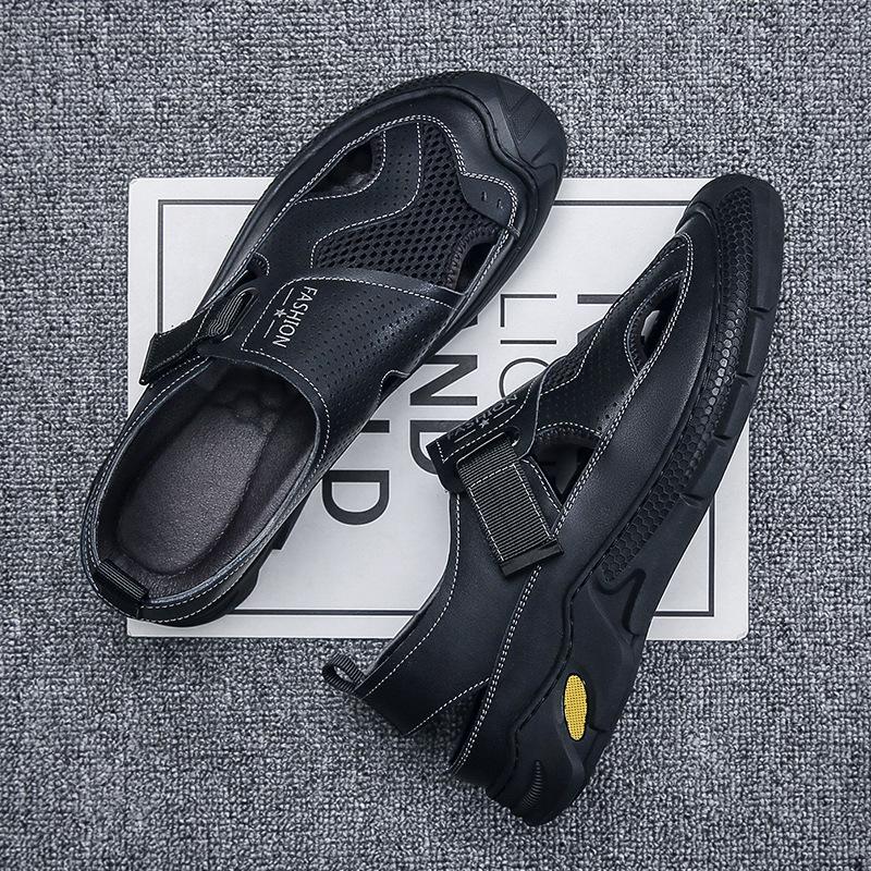 Sandals Men's Summer Leather Breathable Bag Head Mesh Outdoor Leisure Hole Shoes Trendy Roman Non-slip Beach Shoes Men's