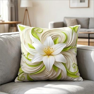 2D Effect White Lily Floral Print Throw Pillow Cover, Faux Embroidery Style Decorative Cushion For Living Room Bedroom Sofa