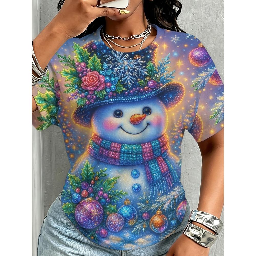 Summer Christmas Snowman Series 3D Print T-Shirt Loose Fit Short Sleeve T-shirt Breathable Women Casual Comfortable Creative Versatile Sports T-shirt