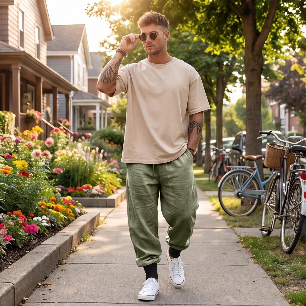 Men's Linen Drawstring Jogger Pants, Breathable Cuffed Beach Casual Pants, Color Relaxed Fit for Summer Travel