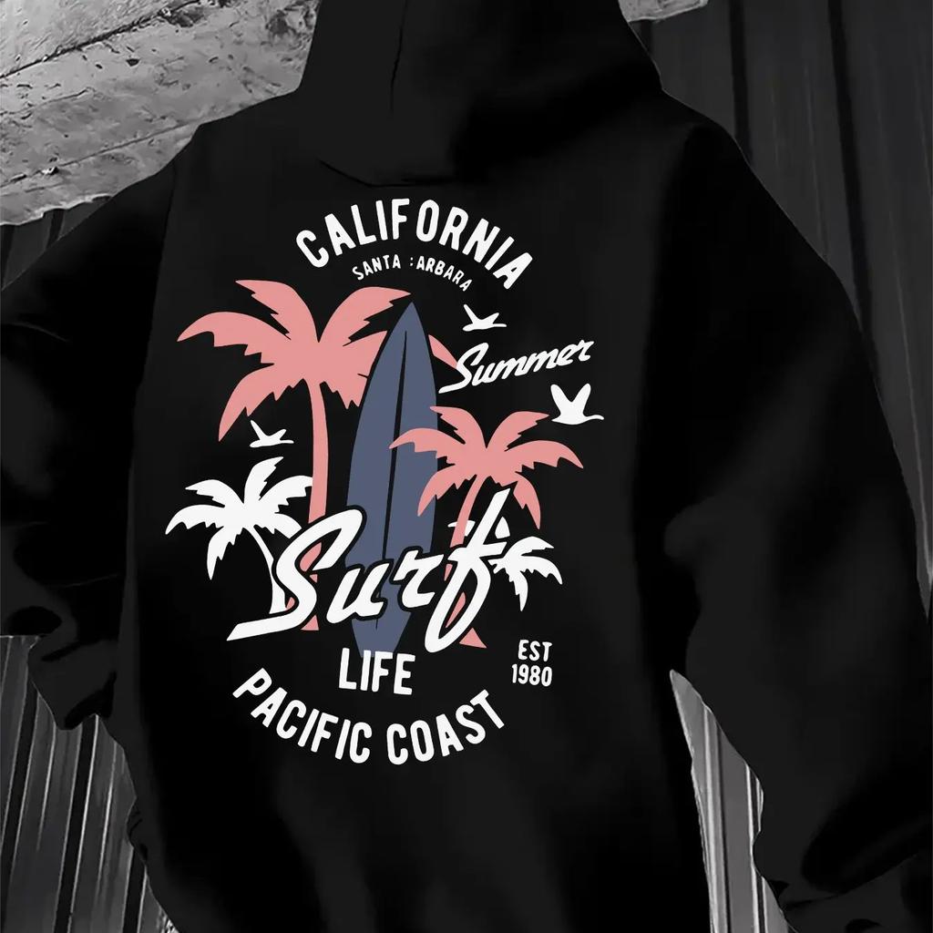 Vintage West Coast Surf Hooded Sweatshirt California Palm Tree Graphic Back Print Casual Loose Hoodie