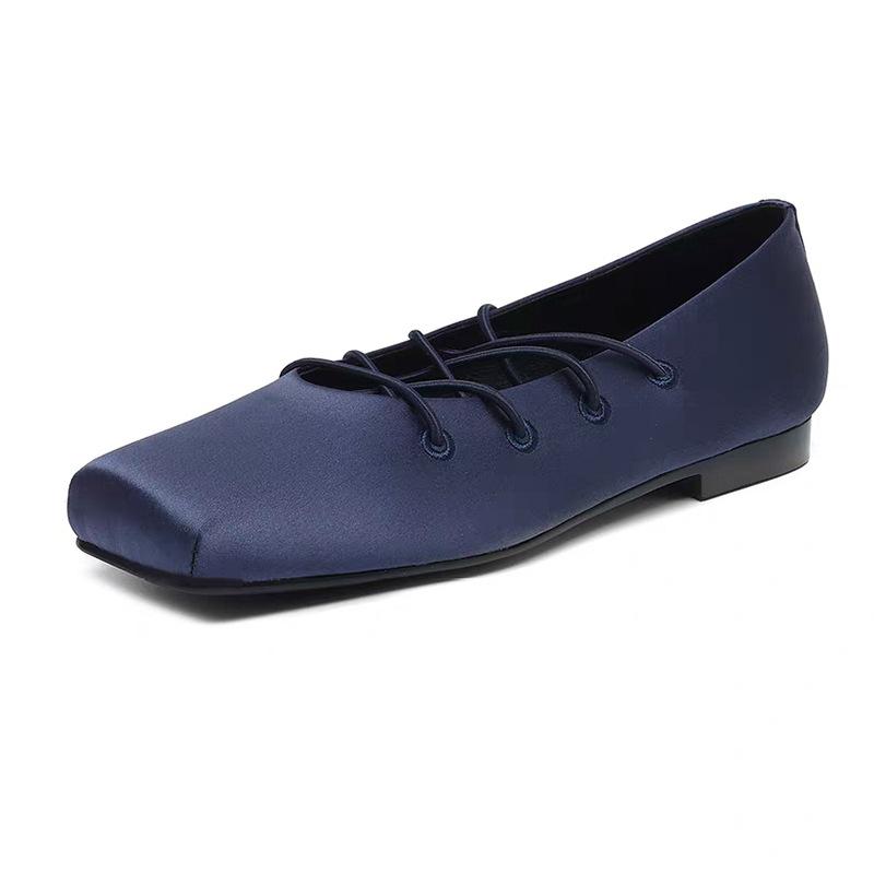 Korean New Blue Satin Leather Square Head Retro Niche Light Mouth Single Shoes Mary Jane Ballet Flats Women
