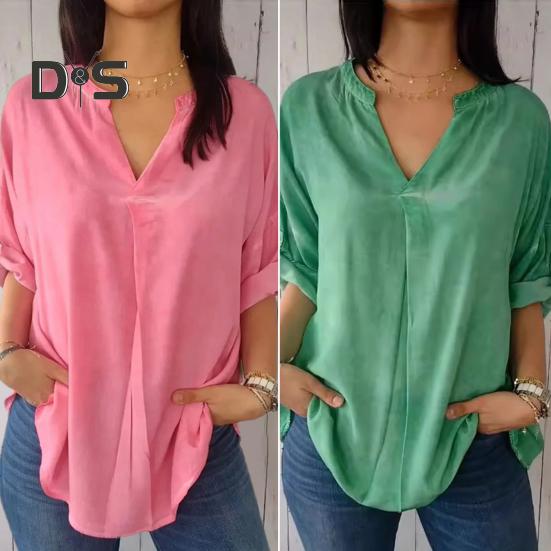 

Женские топы с v-образным вырезом и половиной рукавом с разрезом сзади, дизайнерские пуловеры, однотонные рубашки свободного покроя, топы, повседневная одежда 3XL