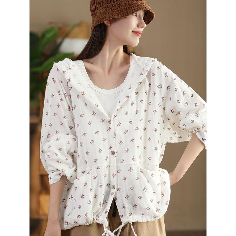 

Autumn Retro Print 100% Cotton Hooded Jacket Women s Double-Layer Cotton Yarn Shirt Drawstring Hem Outer Long-Sleeves Cardigan White One size