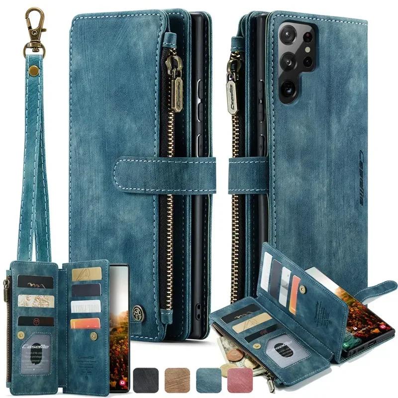 CaseMe Flip Leather Phone Case For Samsung Galaxy S26 Ultra S25 Edge S24 FE S23 S22 S21 S20 Plus S10 Note 20 Ultra Zipper Wallet Card Bag Cover Coque