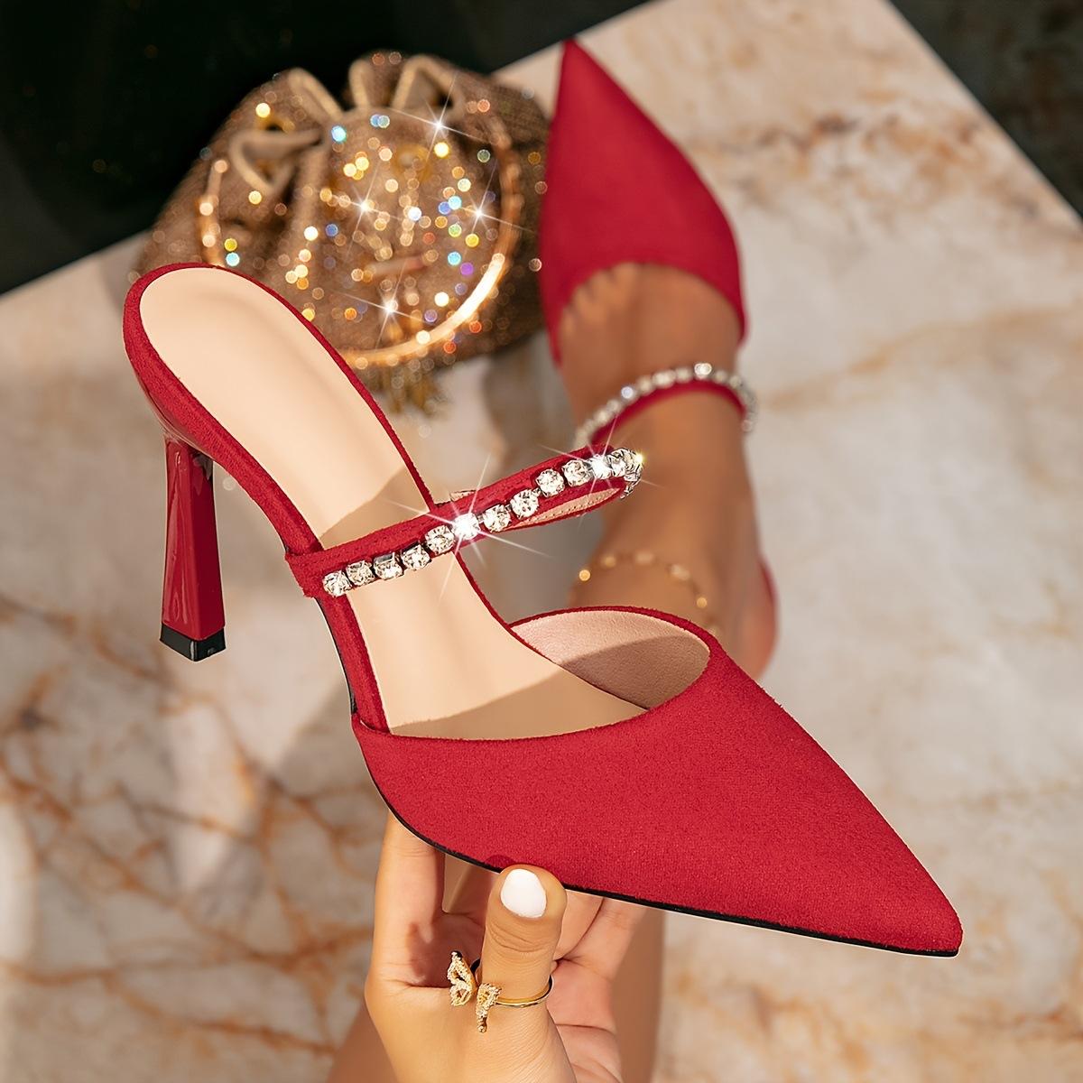 

Женские босоножки на высоком каблуке, красные босоножки-стилетто с модной пряжкой и сверкающими бриллиантами, с острым носком, сексуальная простая женская обувь 42 красный
