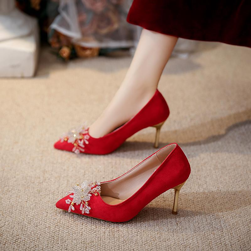 Stiletto Single Shoes Autumn New Pointed Toe Shallow Mouth Crystal Pearl Flower Slip Anti-slip Wear-resistant High Heels