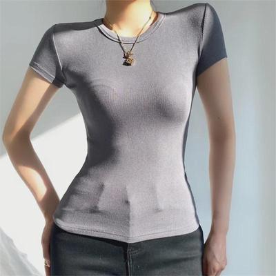 YPFF Summer Women's Solid Color Elastic Thread Basic Short-Sleeve Round Neck Top