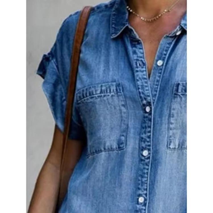 Women Casual Denim Dress Short Sleeve Solid Color Pocket Fashion