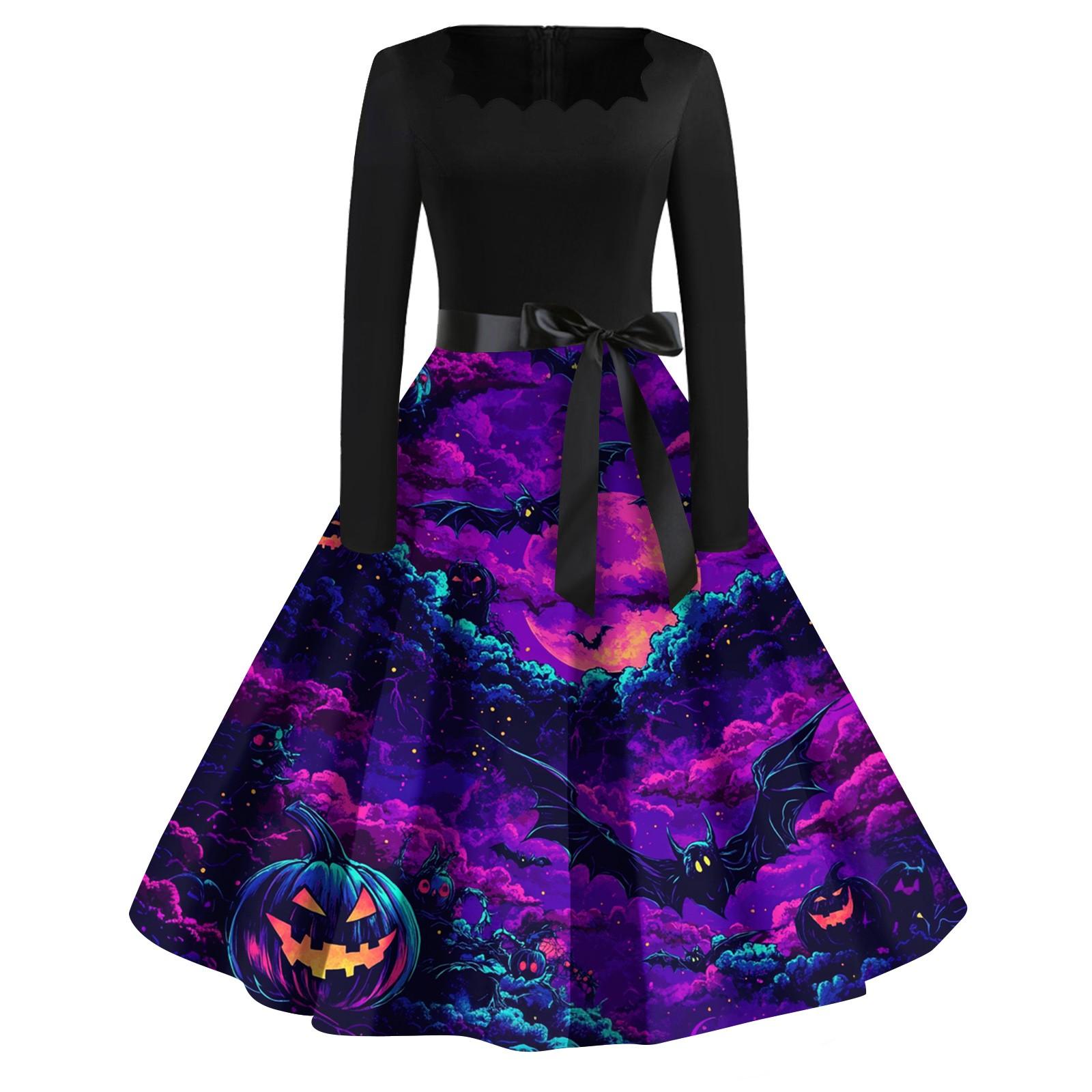 

Женское повседневное модное платье винтажного стиля с квадратным вырезом и принтом на Хэллоуин XL