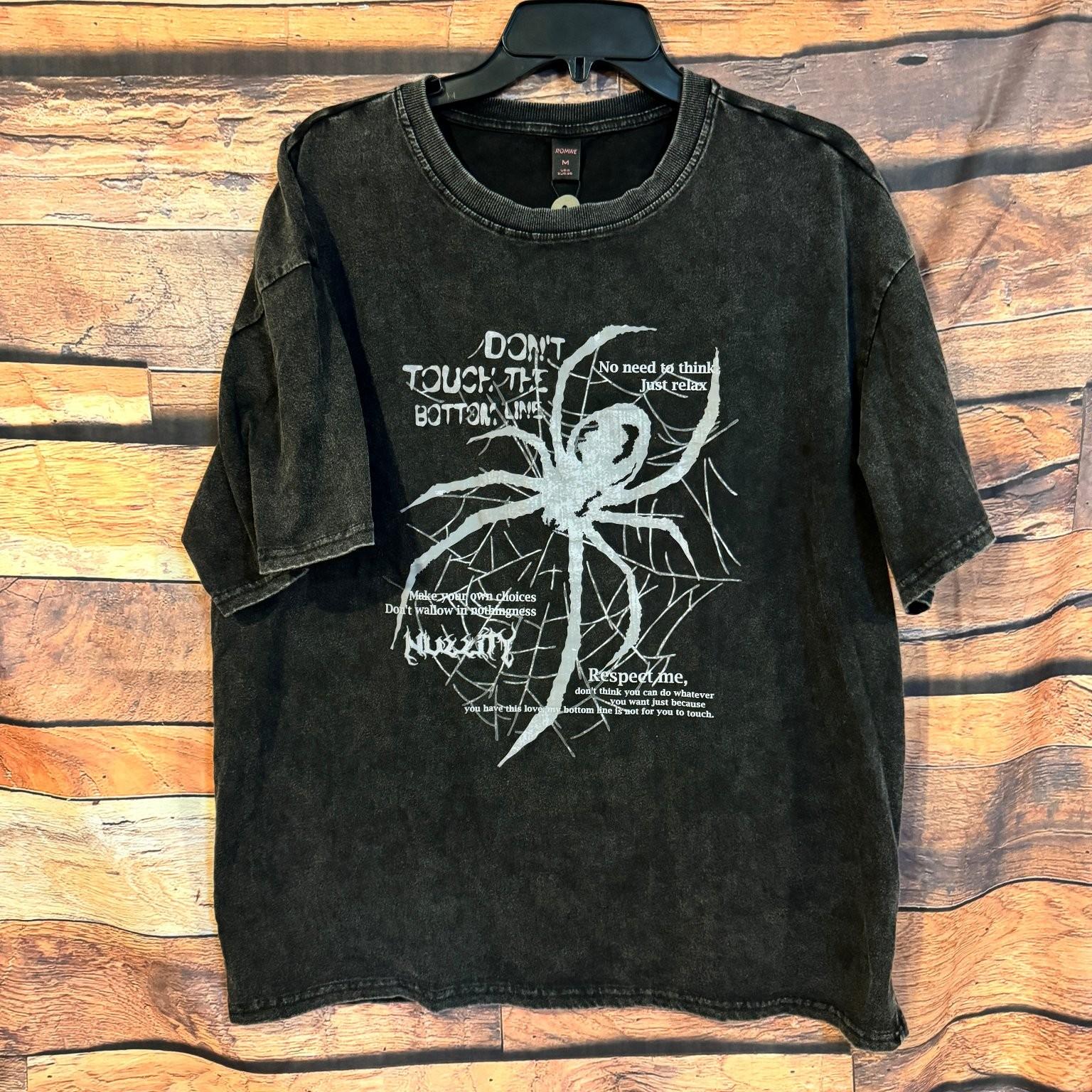 ROMWE Men’s Black M Spider Web Graphic Acid Wash Cotton Tee Grunge Unisex T-Shirt L