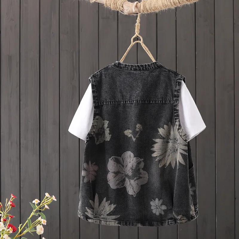 Gilet di Jeans Corto Stampato da Donna Primaverile ed Estivo Giacca Sottile Senza Maniche Larga