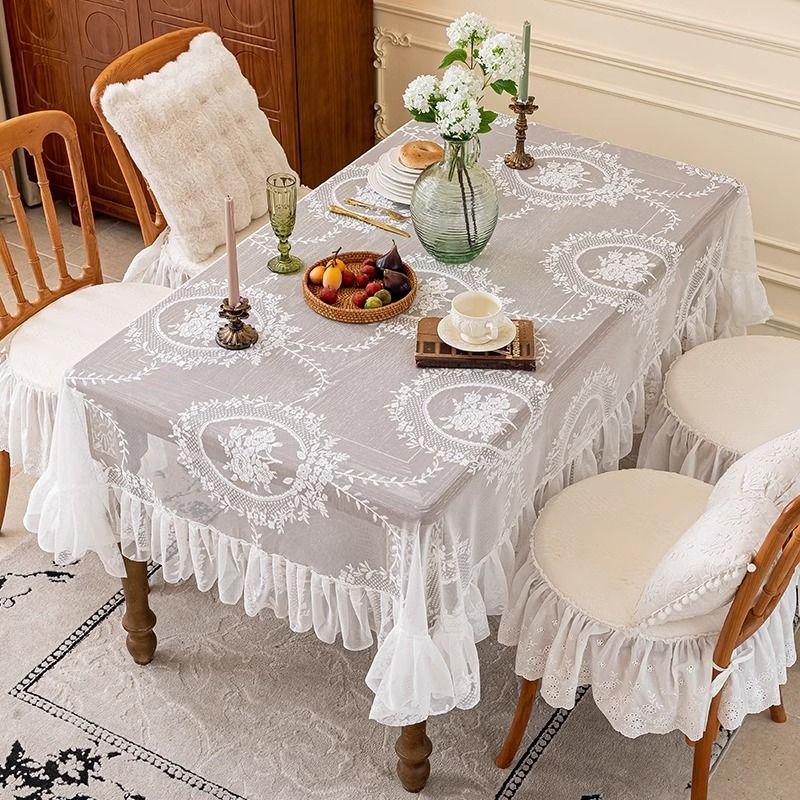 Floral Lace Polyester Tablecloth, Square French Vintage Lace Edge Design for Dining, Coffee Table & Party Decor