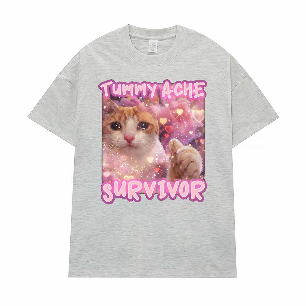 Tummy Ache Survivor Funny Cat Meme Graphic T Shirts for Unisex Women Fashion Retro Cartoon Humor T Shirt Streetwear Tshirts