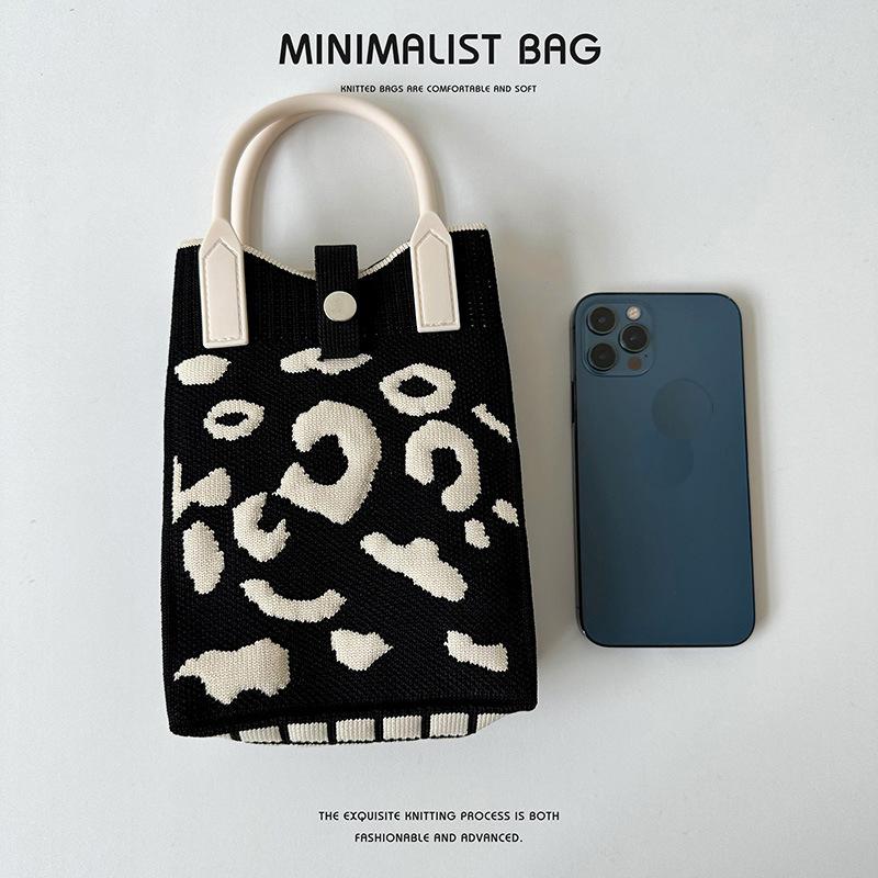 Mini borsa per telefono lavorata a maglia a punto leopardo in bianco e nero Borsa a tracolla Borsa da tasca da donna Borsa quadrata piccola