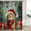 Christmas Shower Curtain Cute Cat Red Xmas Ball Snowy Pine Tree Leaves Snowflake Snow Winter Forest Nature Scene Funny