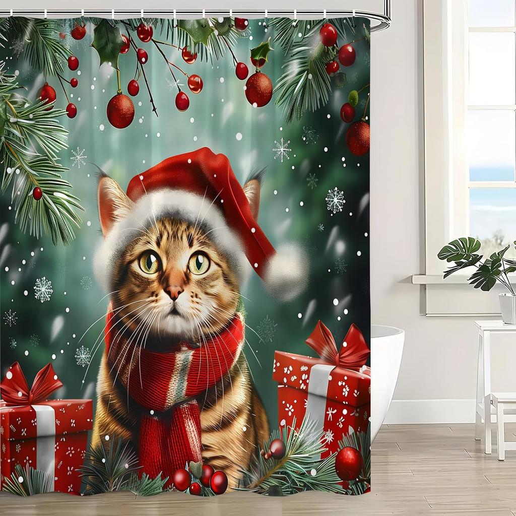 Christmas Shower Curtain Cute Cat Red Xmas Ball Snowy Pine Tree Leaves Snowflake Snow Winter Forest Nature Scene Funny
