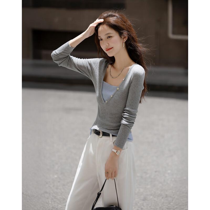 Women's Slim Fit Faux Two-Piece Wool Blend Colorblock Knit Top