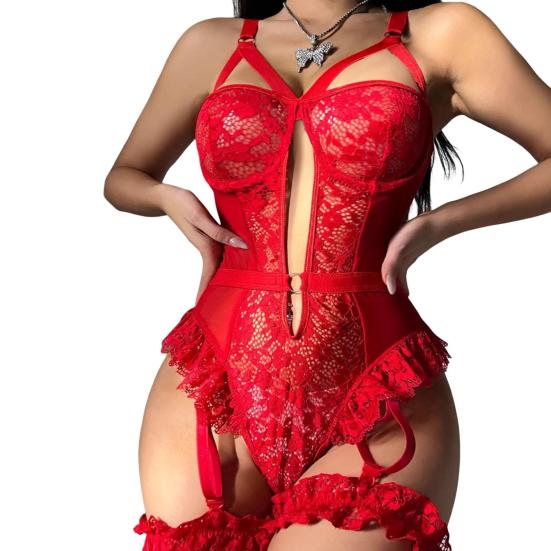 Women Sexy Bodysuit with Thigh Rings Backless Sleeveless Hollow Out Thin See-through Lace Flower Embroidery Spaghetti Strap Skinny Lady