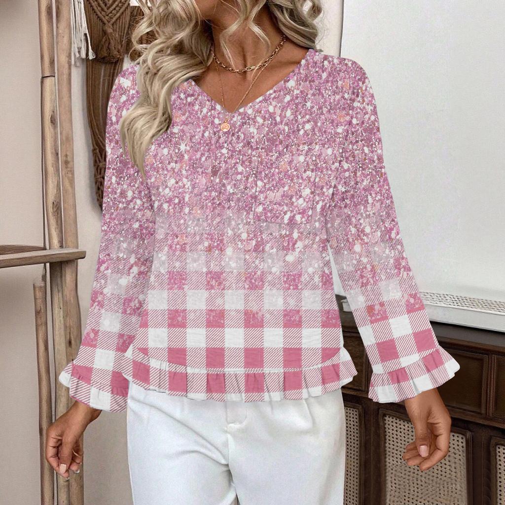 Women's Casual Fashion Ruffle V-Neck Pocket Retro Print Long Sleeve Top
