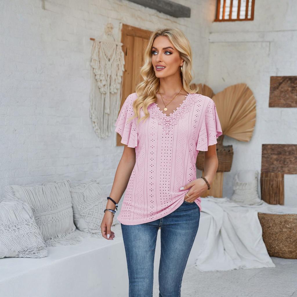 Women's Fashionable Casual Lace V-Neck Ruffle Sleeve Loose T-Shirt