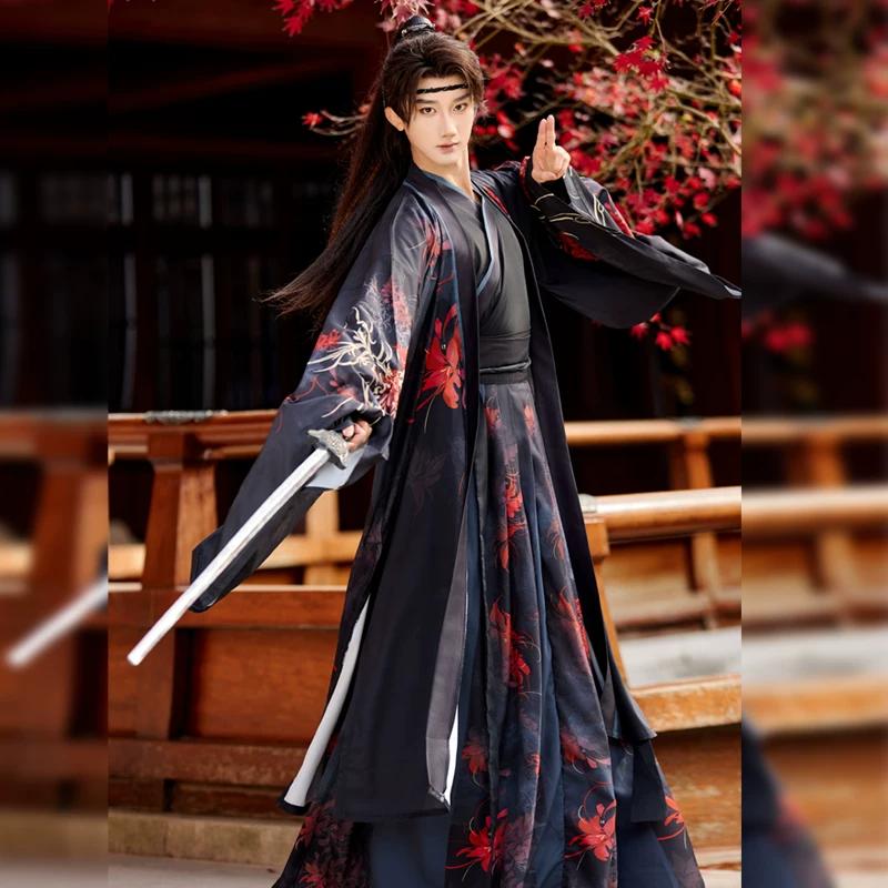 Herren Hanfu-Set im Wei-Jin-Stil, Schwarz & Rot mit Spinnenlilien-Print, Schwertkämpfer-Kostüm für den täglichen Gebrauch & Cosplay