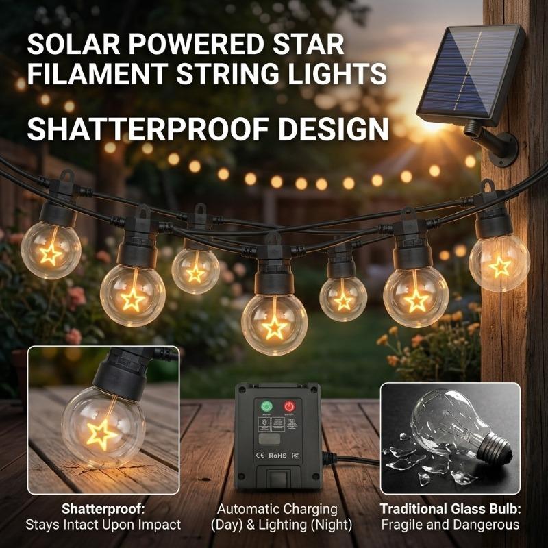Solar Star String Lights 5M 10LED with 2M Lead Wire & 10 Hooks, Outdoor Waterproof Garden Christmas Decor Lights