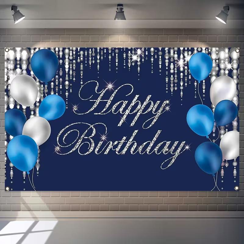 

2D Blue Silver Happy Birthday Backdrop Luxury Crystal Design for Adult Birthday Party Banner 47.2x31.5inch/120*80cm
