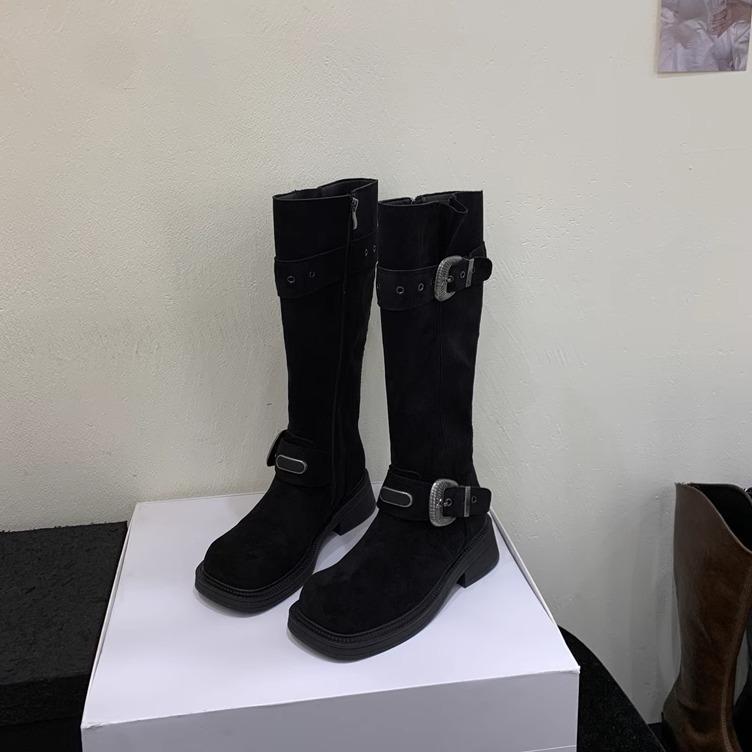 Spice Girl Fashion Tall Fashion Boots Women's 2025 Autumn and Winter New Metal Belt Buckle Square Head Middle Heel Boots