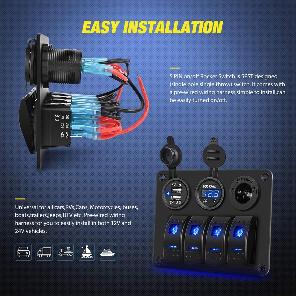 4 Gang Marine Boat Rocker Switch Panel, - 24V Waterproof RV USB Cigarette