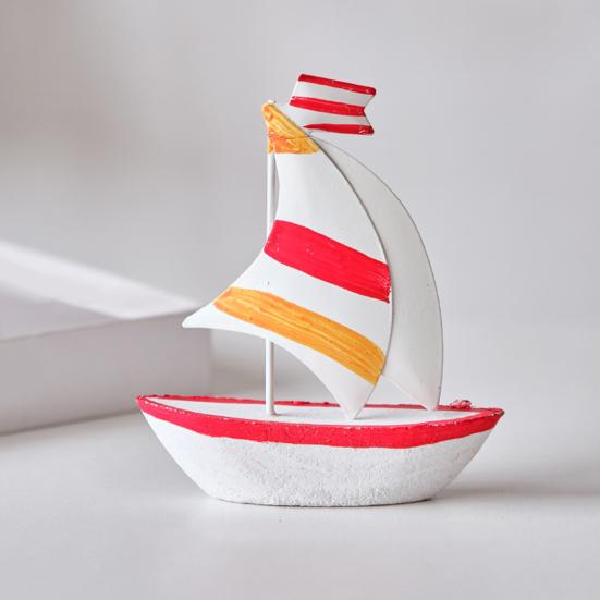 Sailboat Ornament, Wooden Iron Desktop Figure, Small Nautical Tabletop Decoration, Blue White Striped Lifebuoy Starfish Marine Style Ornament