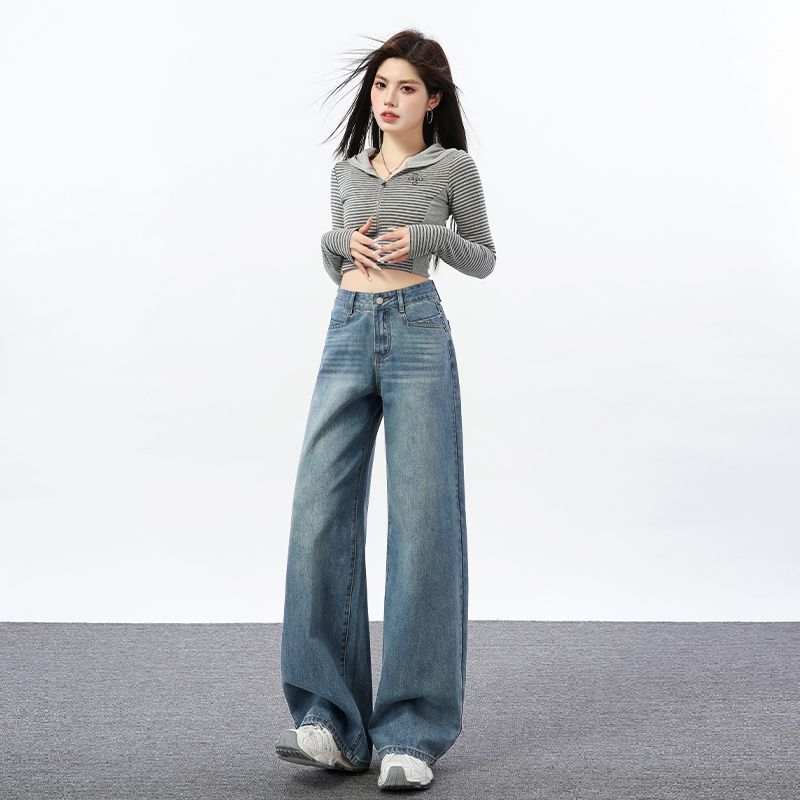 Spring Summer Vintage High Waist Non Cling Relax Floor Wide Leg Micro Flare Denim Pants For Ladies Casual Pants Oversize Denim Trousers