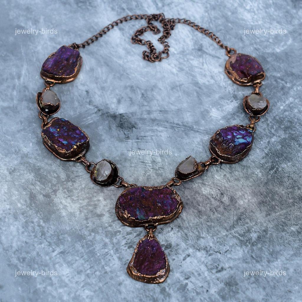 Pierre Gemme Labradorite Chaîne en Cuivre Électroformée Chakra du Troisième Œil Collier Bohème VP-112