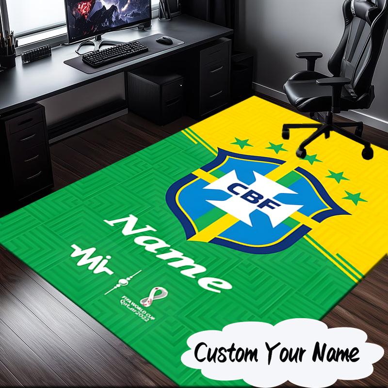 Custom Name Brasilian Pride Emblem Rug for Living Room, Game Rooms, Office, Bedroom, Floor Mat Playful Design, fan gifts Christmas decor