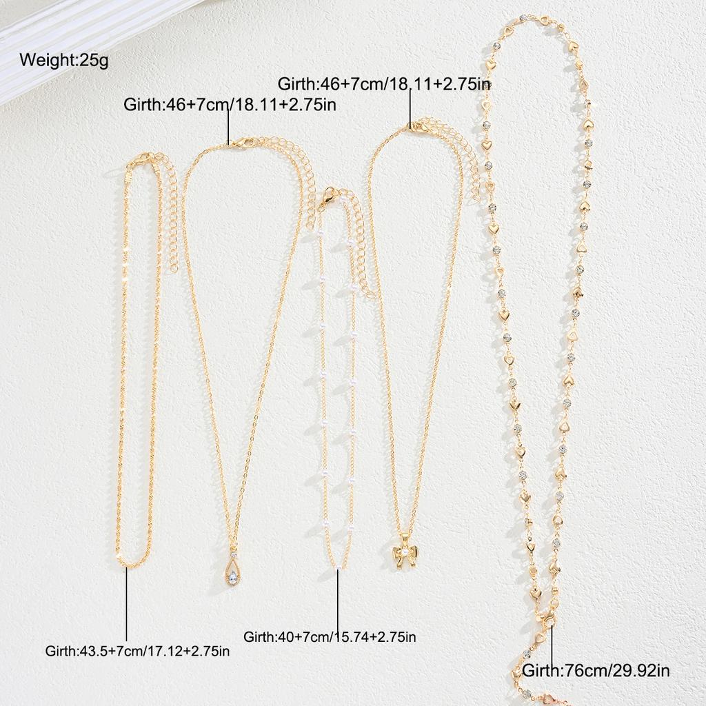 Boho Gold Color Multi-Layer Necklace Set for Women Fashion Zircon Bow Knot Water Drop Heart Pendant Necklaces Jewelry