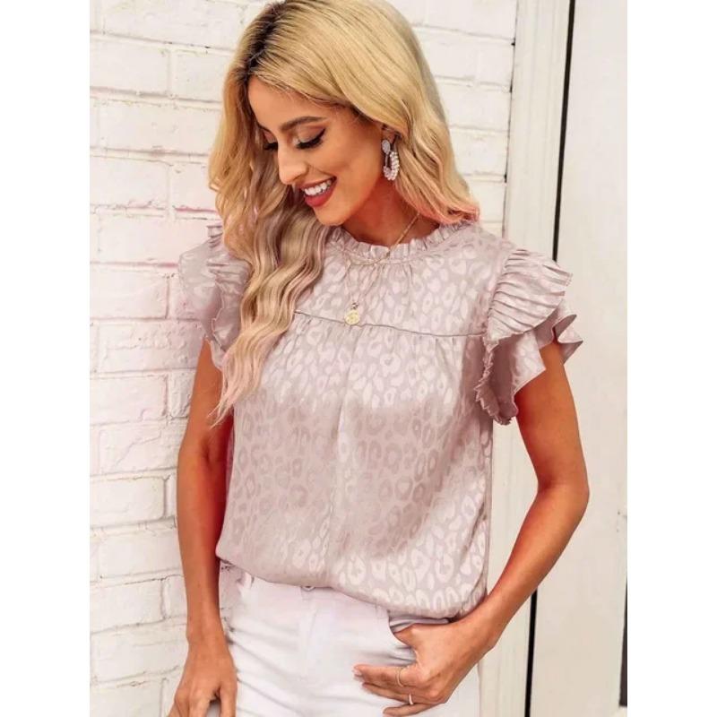 Elegant Sweet Women s Shirt Tops 2026 Summer New Fashion Printed Ruffle Short Sleeves Wave Collar Tops Office Ladies Blouses S