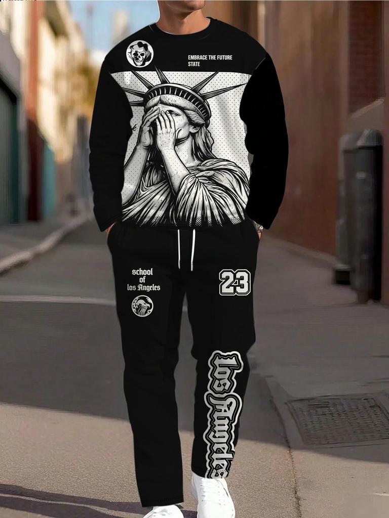 Autumn Men's Long-Sleeved Pants Set for Street Casual Fashion Soft and Comfortable with 3D Angel Pattern Print