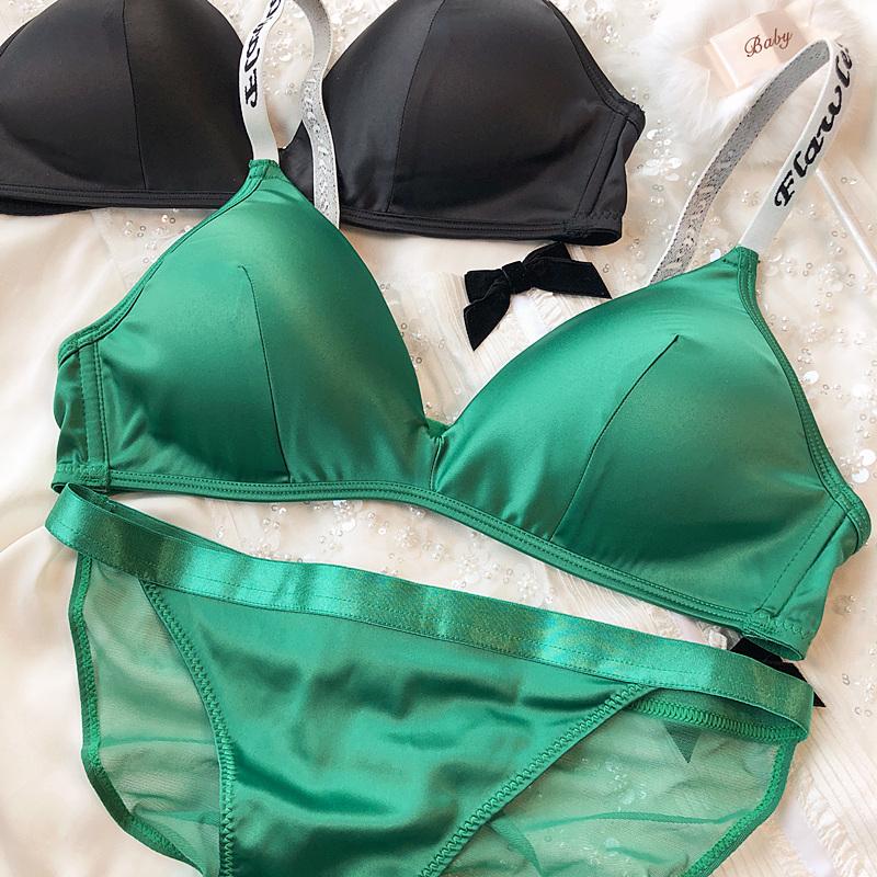 Ice Silk Comfort Underwear Set Women Sexy Deep V Push Up Bra Set Shoulder Strap Letters Adjustable Brassiere and Lace Panties