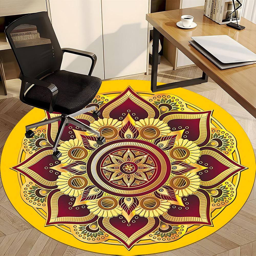 1pc Golden Mandala Pattern Chair Carpet for Office, Round Polyester Mat, Indoor Decor for Office, Easycare Fabric, Washable Non-slip Area Carpet