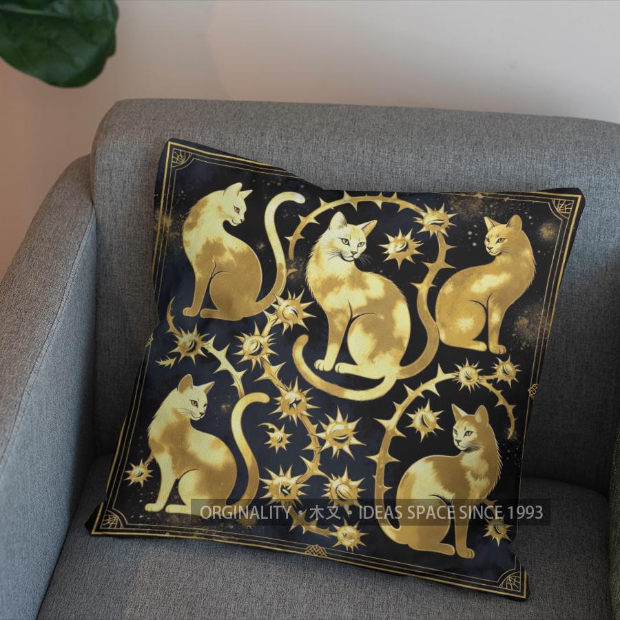 2D Golden Cats On Berry Branches Pillow Cover Pattern Cushion Cover Suitable For Sofa Bedroom Car Pillow Cover