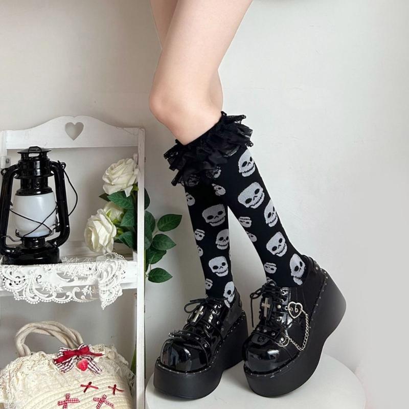 Women Knee Highs Socks Printed Compressions Stockings Lolitas Sweet Lace Ruffle Calf Socks Long Tube Socks Hosiery