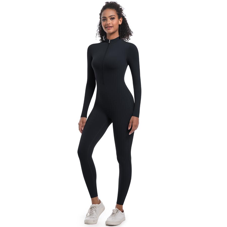 New Style Halter Zip Slim Fit Solid Color High Elastic Long Sleeve Yoga Suit Athletic Running Workout Bodysuit